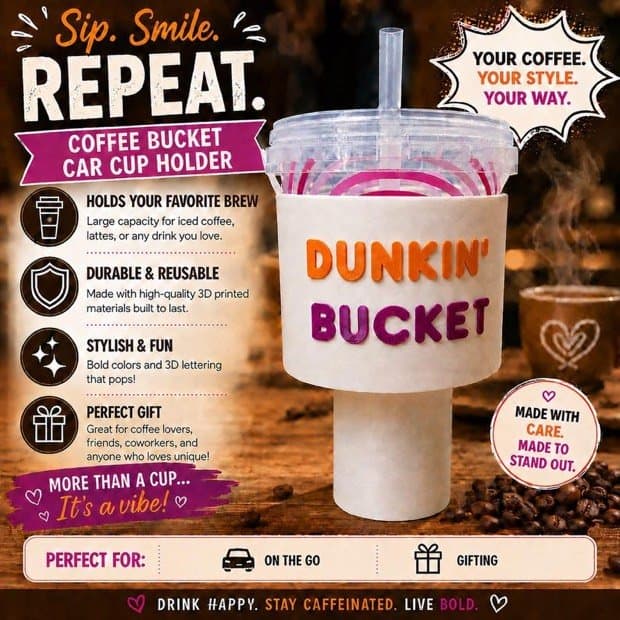 Coffee Bucket Car Cup Holder Adapter 3D Printed 48oz